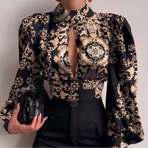 High-Neck Black & Gold Baroque Print Women's Blouse